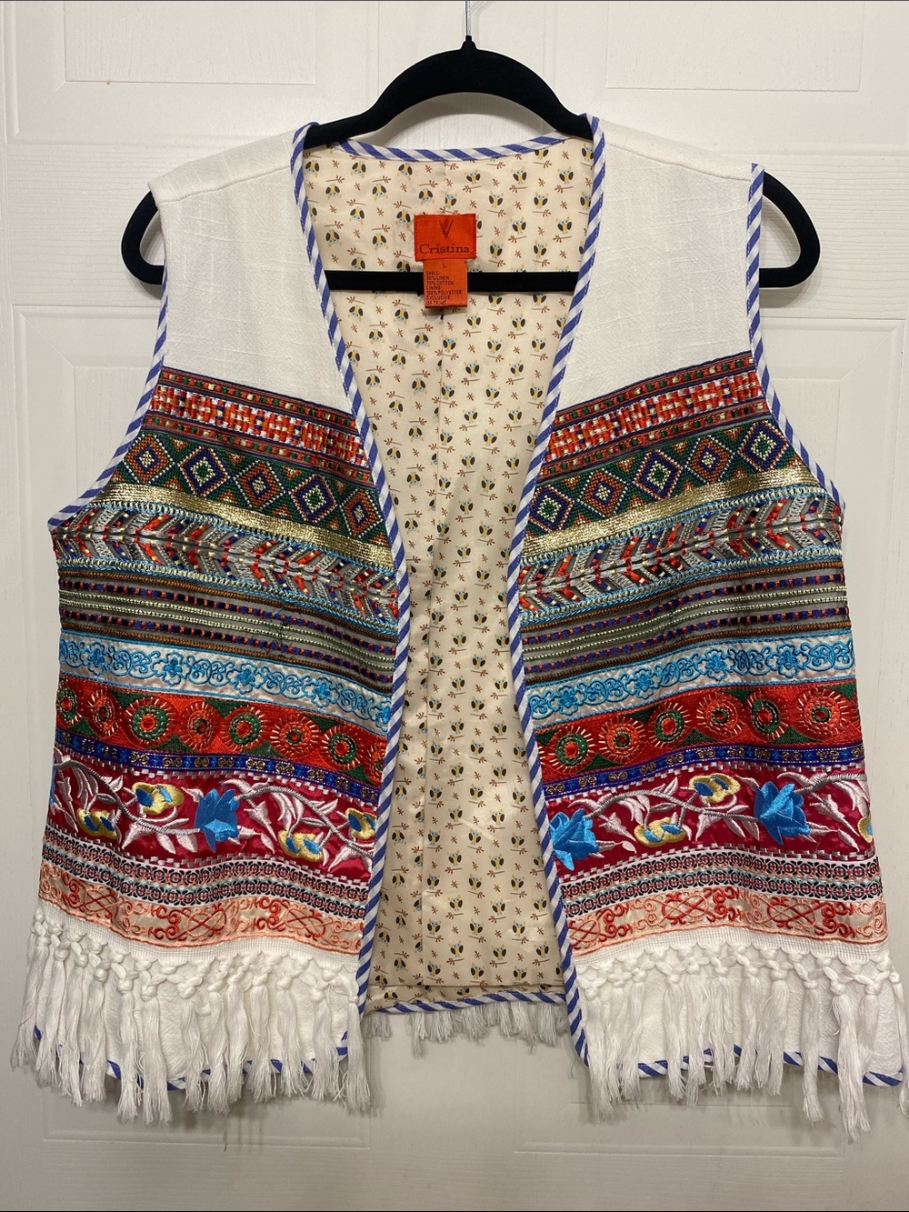 V. Christina White Multicolor Embroidered Fringe Vest Large